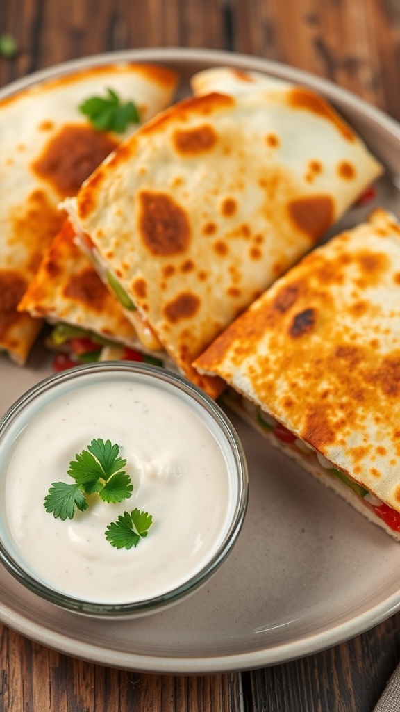 Creamy dipping sauce in a bowl with cilantro, served with golden quesadilla triangles on a rustic table.